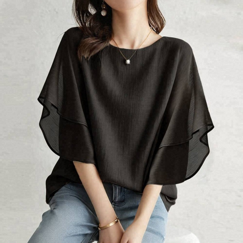 5色日系蝙蝠衫寬鬆圓領休閒百搭短袖雪紡衫-lululam