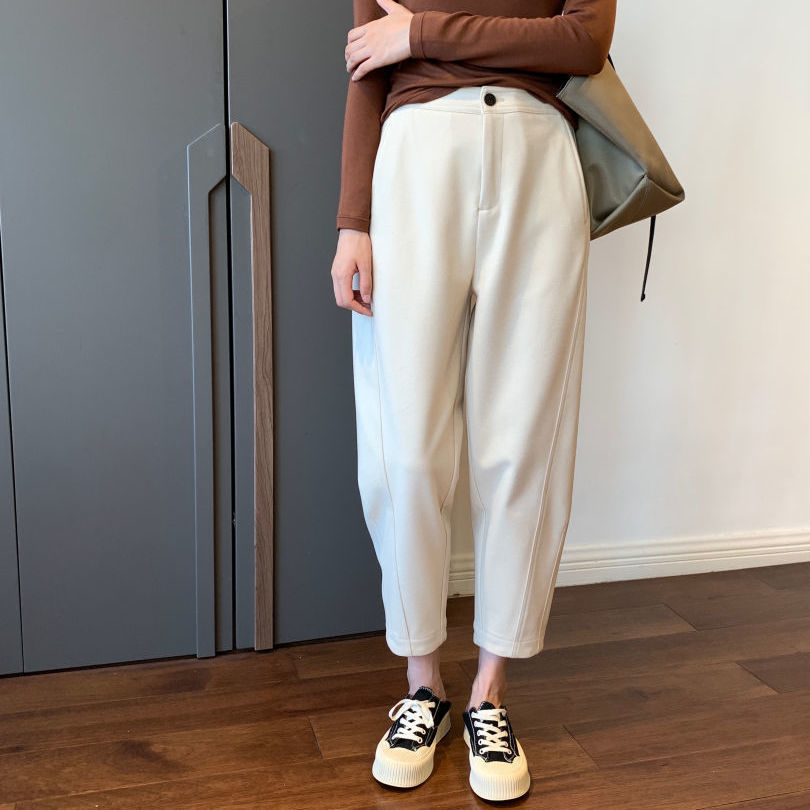 刷毛加厚高腰顯瘦蘿蔔褲休閒毛呢哈倫褲