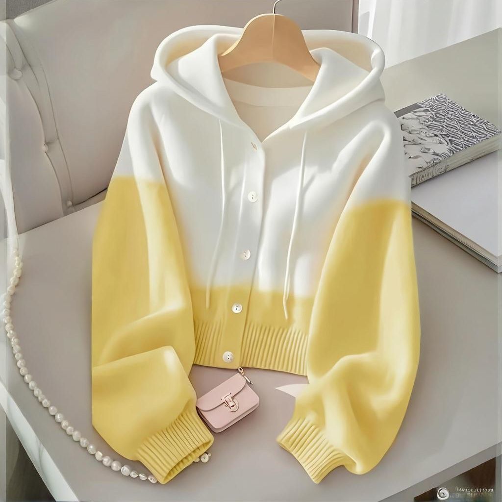 寬鬆連帽羊毛撞色紐扣針織開衫