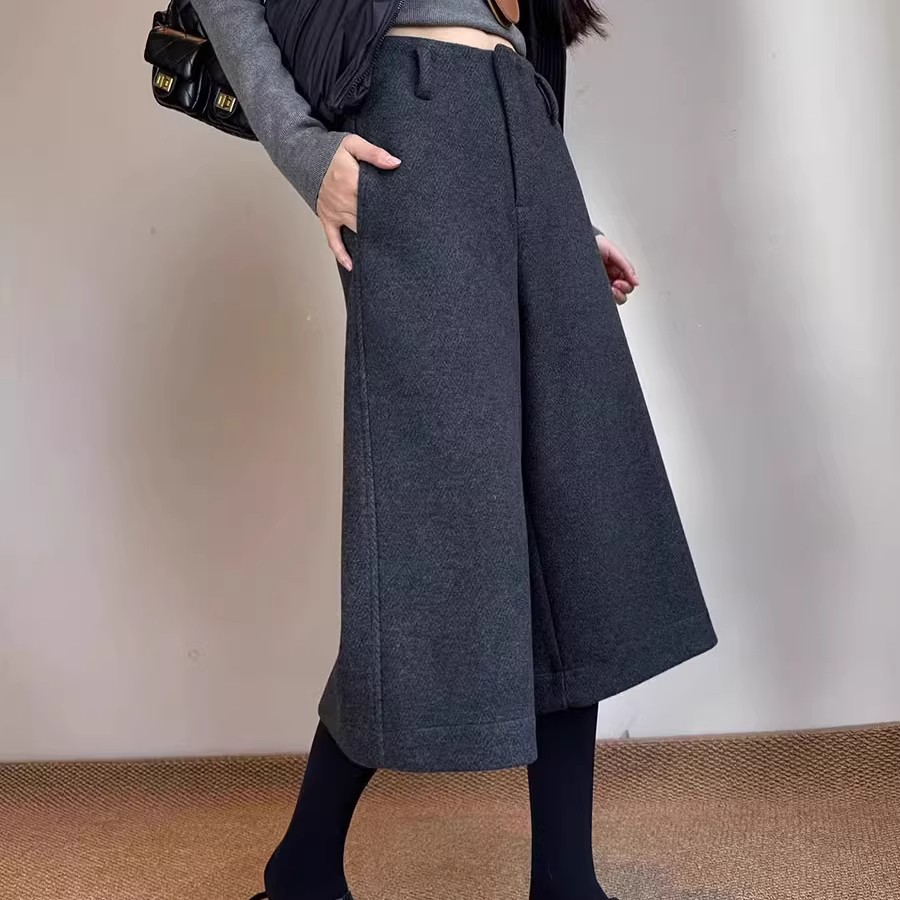 毛呢A字高腰顯瘦休閒百搭七分闊腿褲