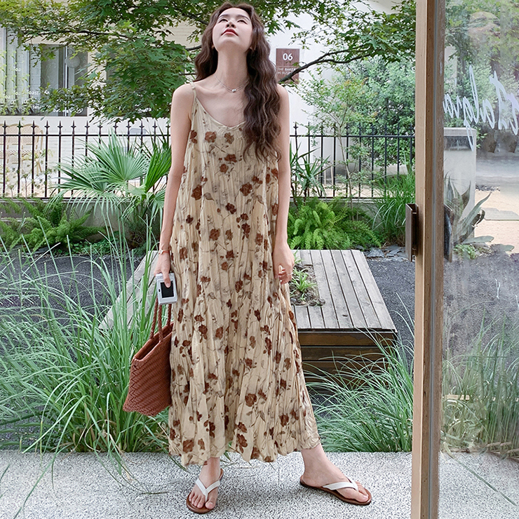 【單件/套裝】法式度假風氛圍感不規則蕾絲罩衫+吊帶碎花裙兩件套-lululam