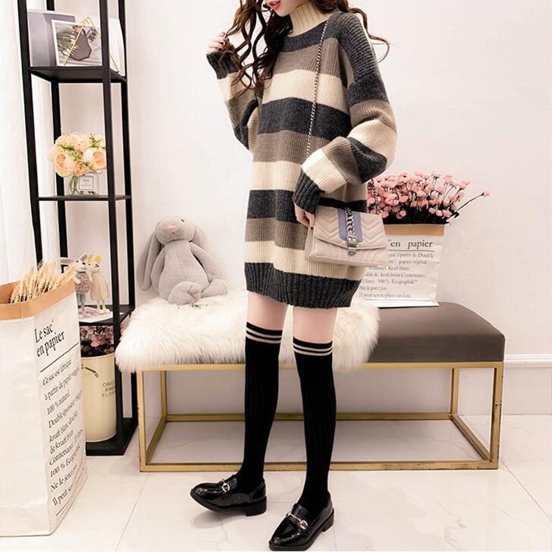 韓版半高領寬鬆中長版條紋針織打底裙