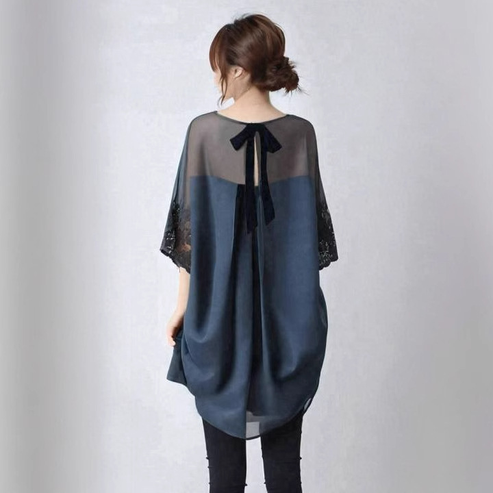 日系圓領蕾絲拼接喇叭袖後背蝴蝶結短袖-lululam