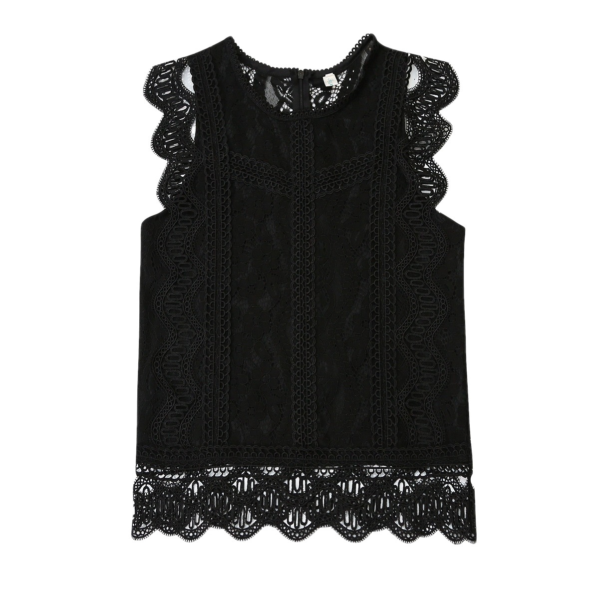 蕾絲衫時尚波浪邊無袖鏤空洋氣短袖-lululam