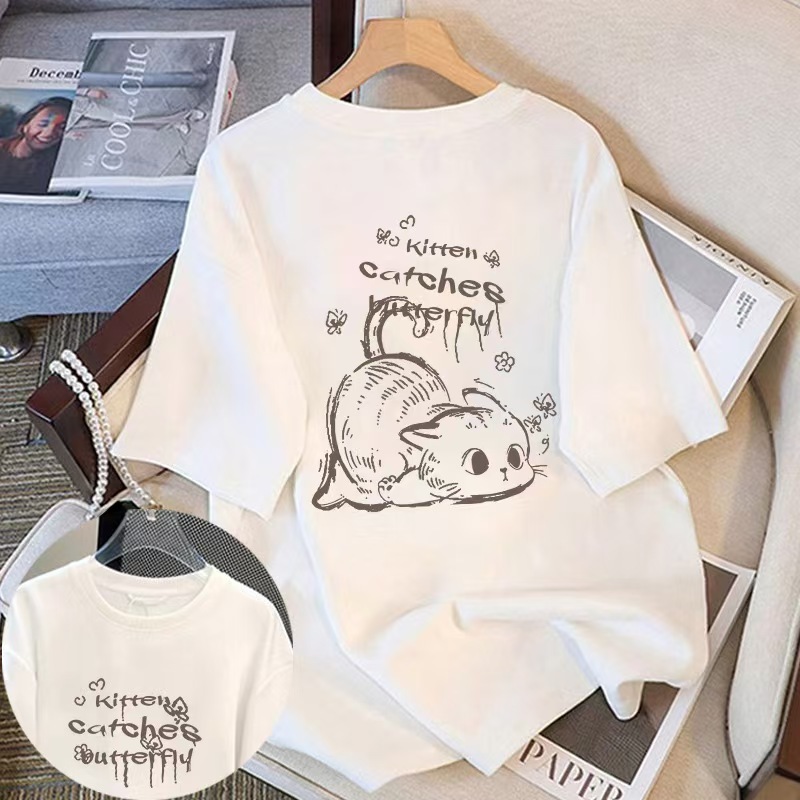 貓咪印花卡通可愛個性寬鬆透氣短袖T恤-lululam