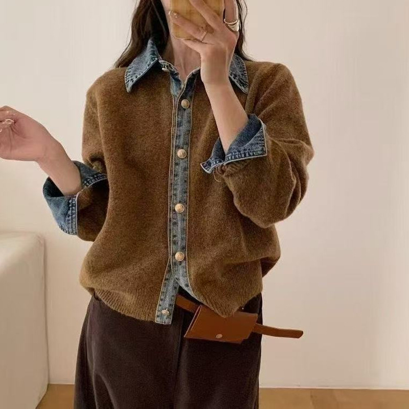 韓系設計感時尚牛仔拼接寬鬆針織開衫