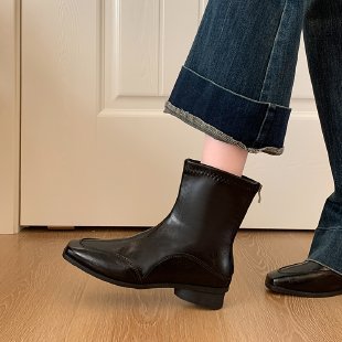 法式時尚短靴低跟平底方頭馬丁靴