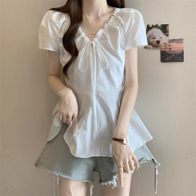收腰顯瘦娃娃衫V領泡泡袖正肩短袖