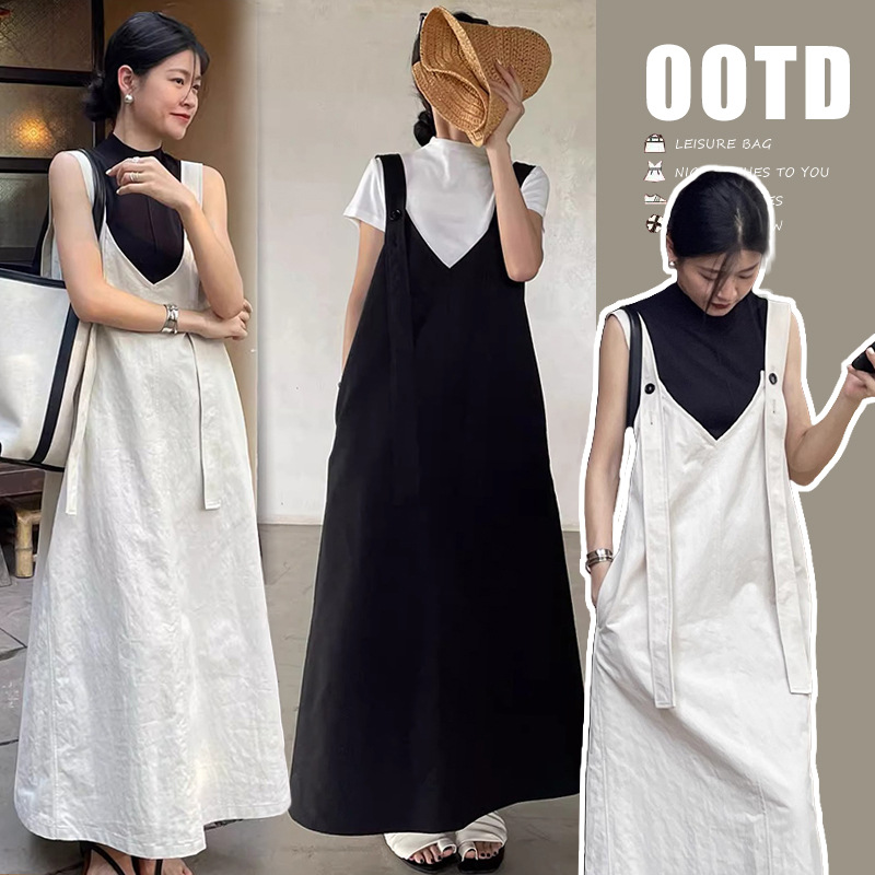 【單件】寬松休閑V領背帶裙+顯瘦打底衫兩件套