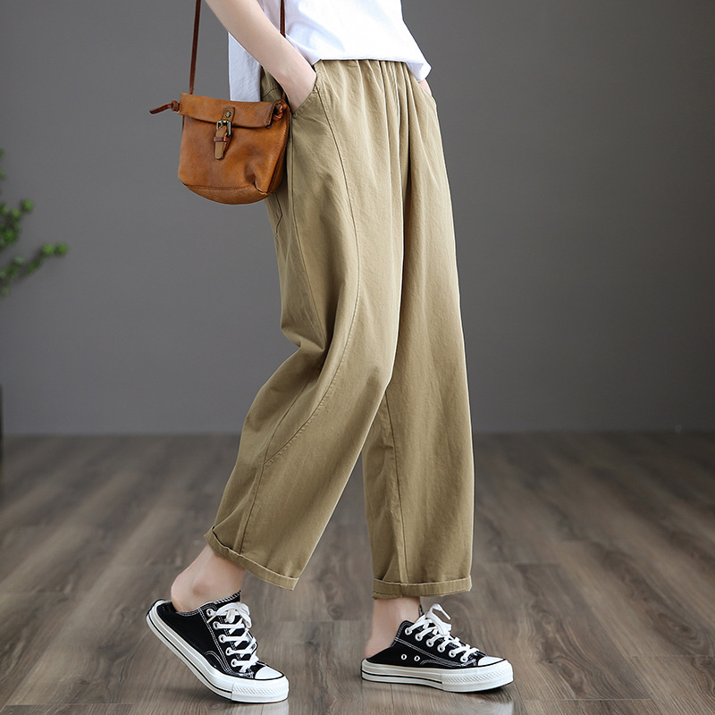 文藝復古高腰顯瘦純棉九分休閒直筒褲