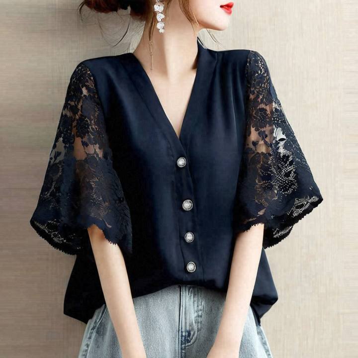 日系時尚拼接v領蕾絲氣質五分短袖-lululam