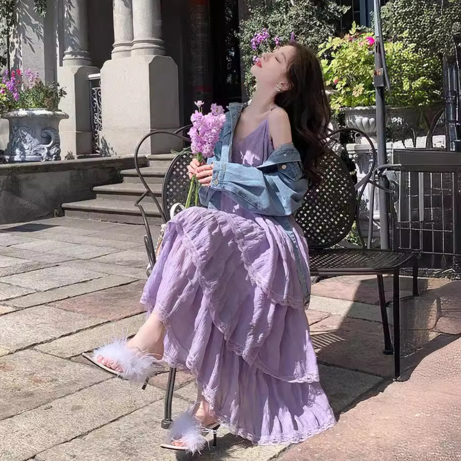 甜美減齡法式吊帶度假風寬鬆蛋糕裙洋裝