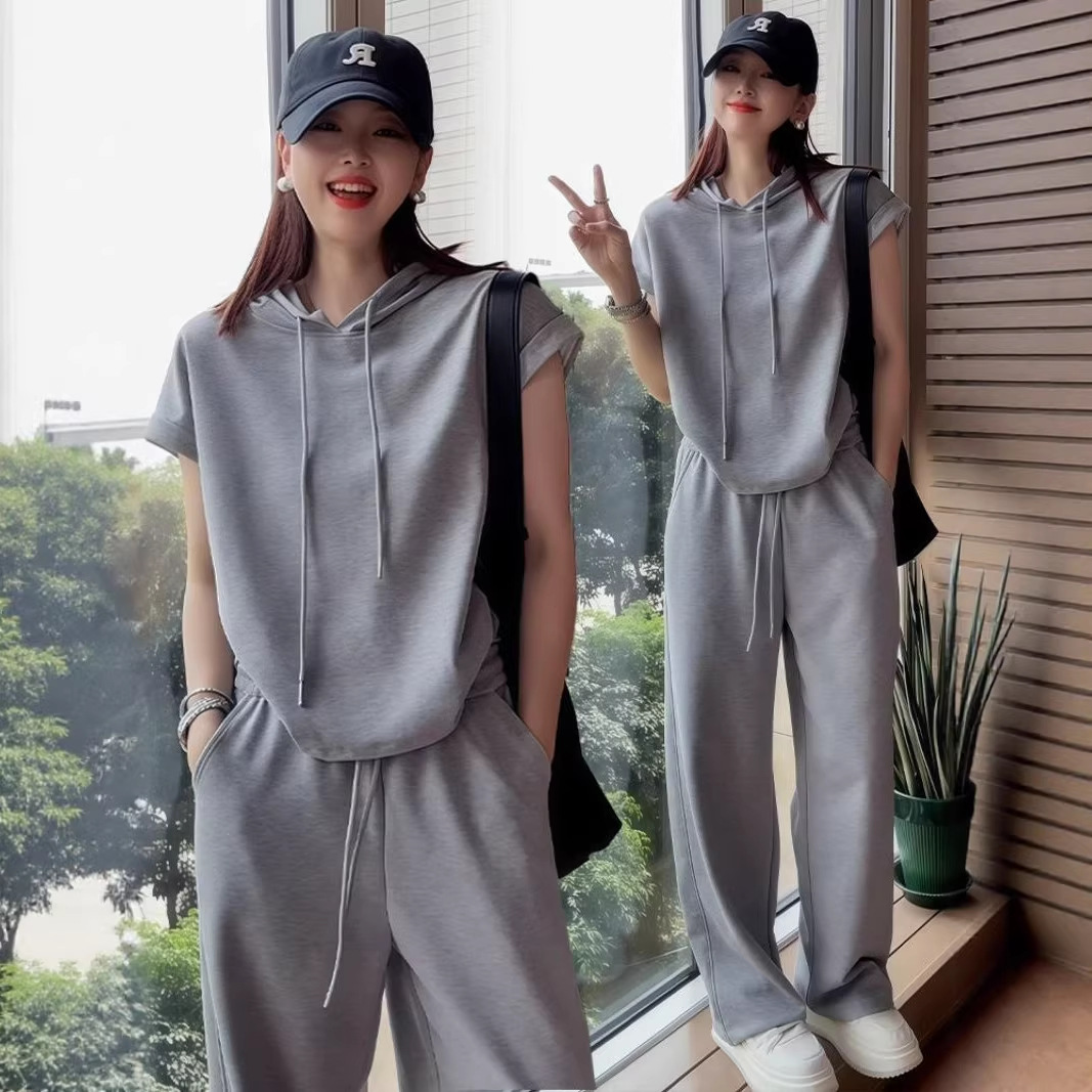 【套裝】休閒時尚寬鬆連帽短袖闊腿褲兩件套裝