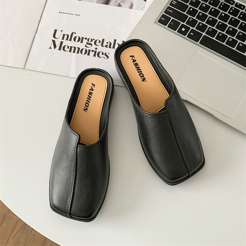 時尚純色日常休閑低跟包頭涼拖鞋-lululam