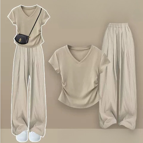 休閒寬鬆辣妹顯瘦短袖休閒褲兩件套-lululam