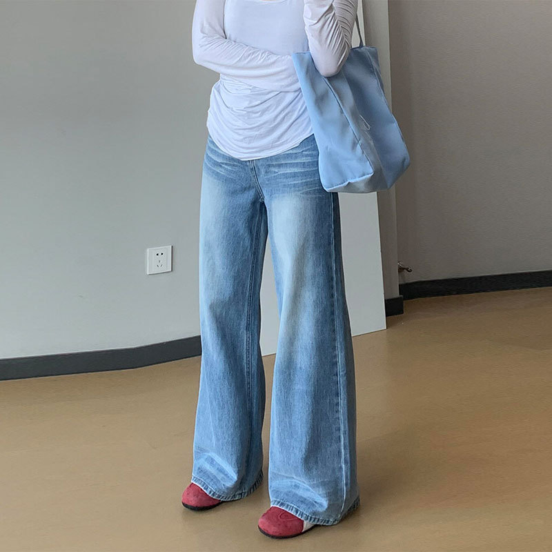 韓版水洗高腰寬鬆慵懶感顯瘦拖地直筒牛仔褲