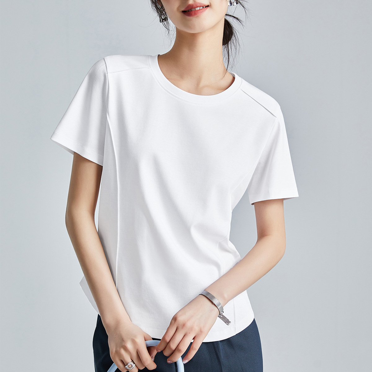 時尚絲光棉圓領打底衫素色正肩短袖t恤