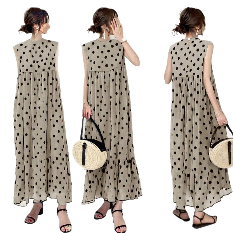 原創日系休閑圓領無袖波點帶里布A字洋裝-lululam