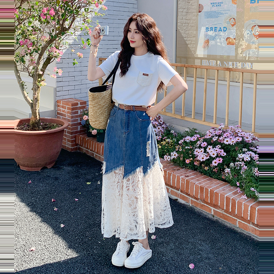 【單件/套裝】氣質流行短袖T恤+蕾絲拼接牛仔半身裙兩件套裝-lululam