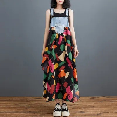 (10色)日系寬鬆設計感牛仔拼接印花背帶連身裙