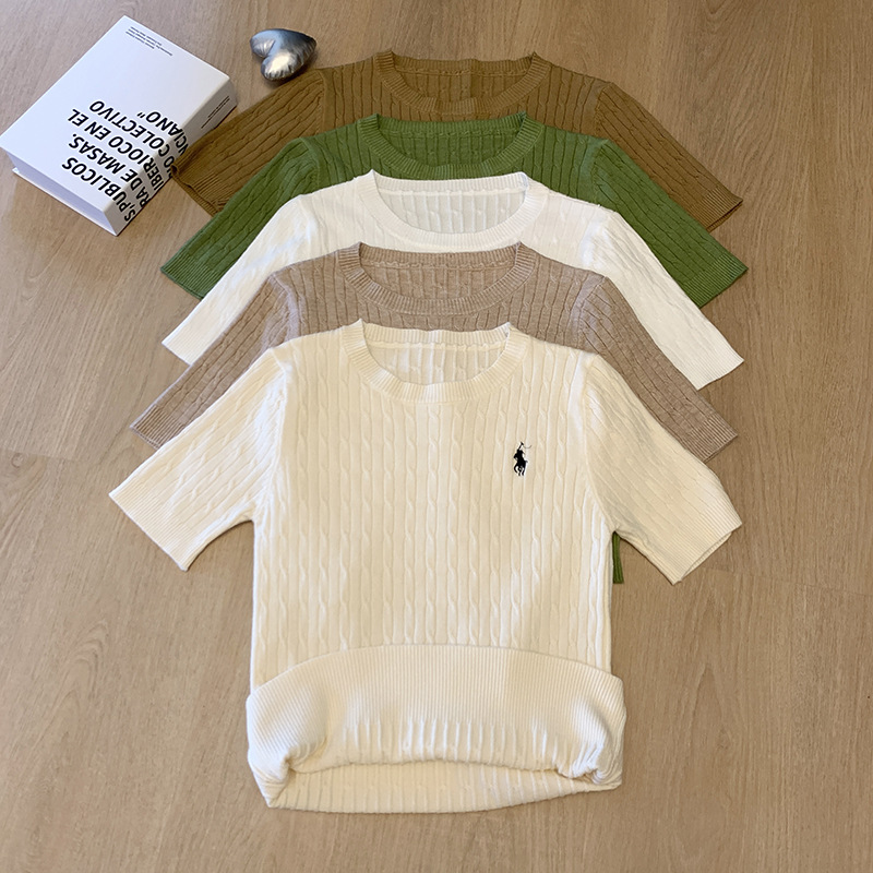 軟糯親膚小馬刺繡麻花針織衫百搭短袖