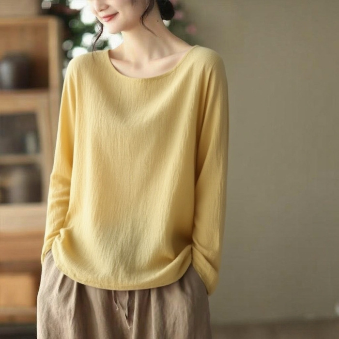 薄款內搭棉麻寬鬆休閒慵懶風長袖T恤-lululam