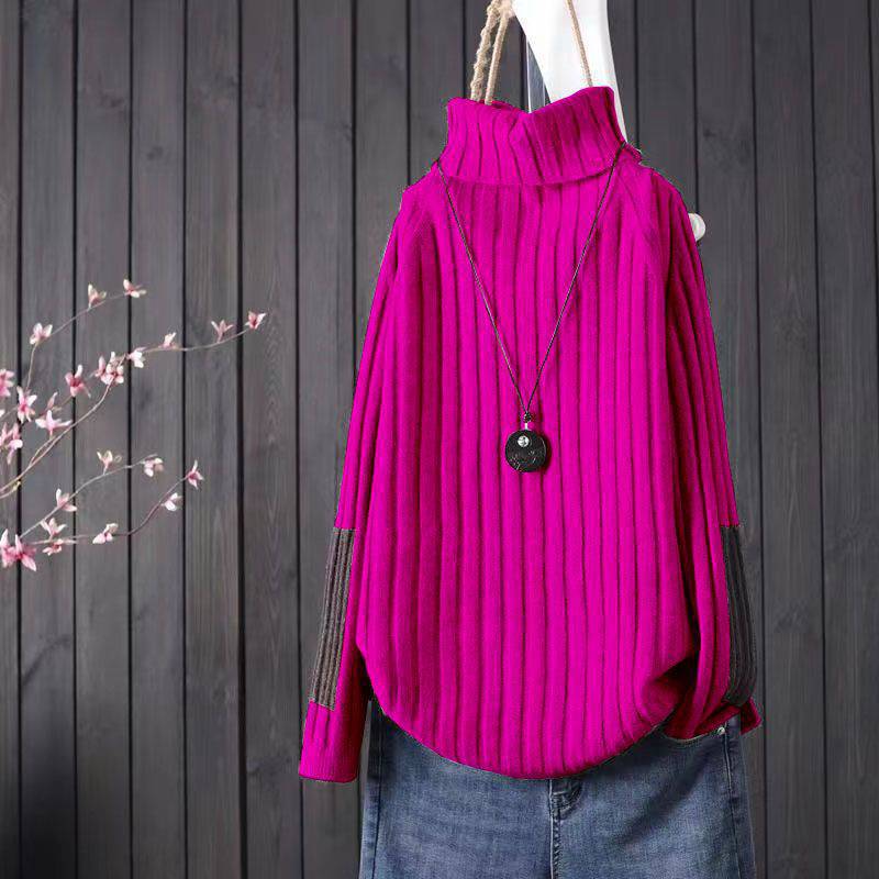 多色寬鬆高領休閒加厚拼色針織衫