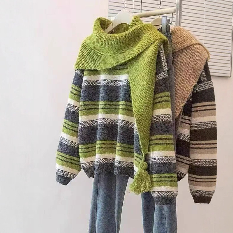 【整套】正肩疊穿針織衫披肩條紋兩件套
