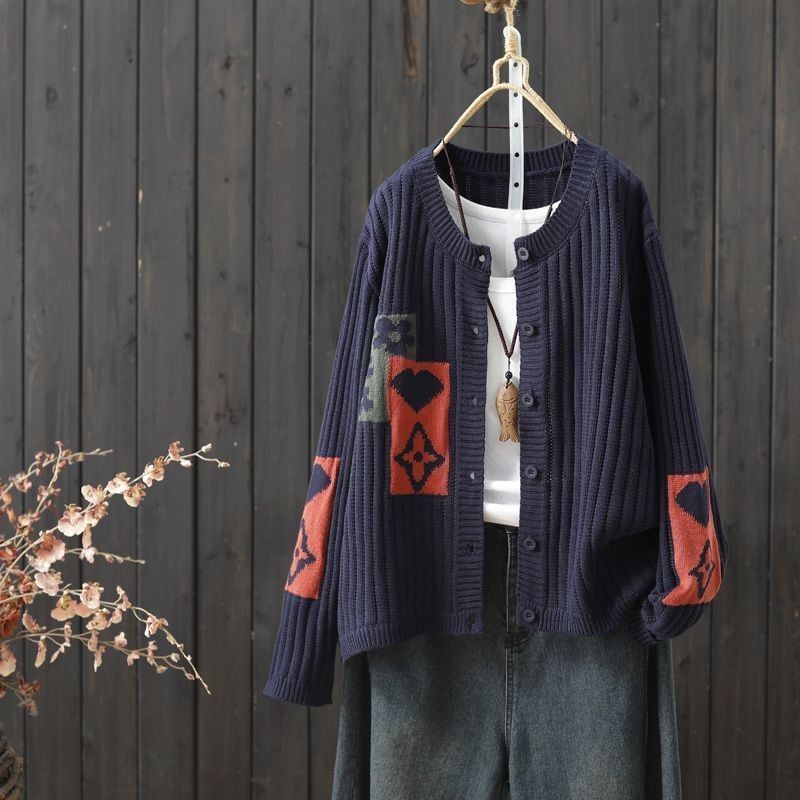 文藝范棉線圓領單排扣毛衣針織開衫外套-lululam