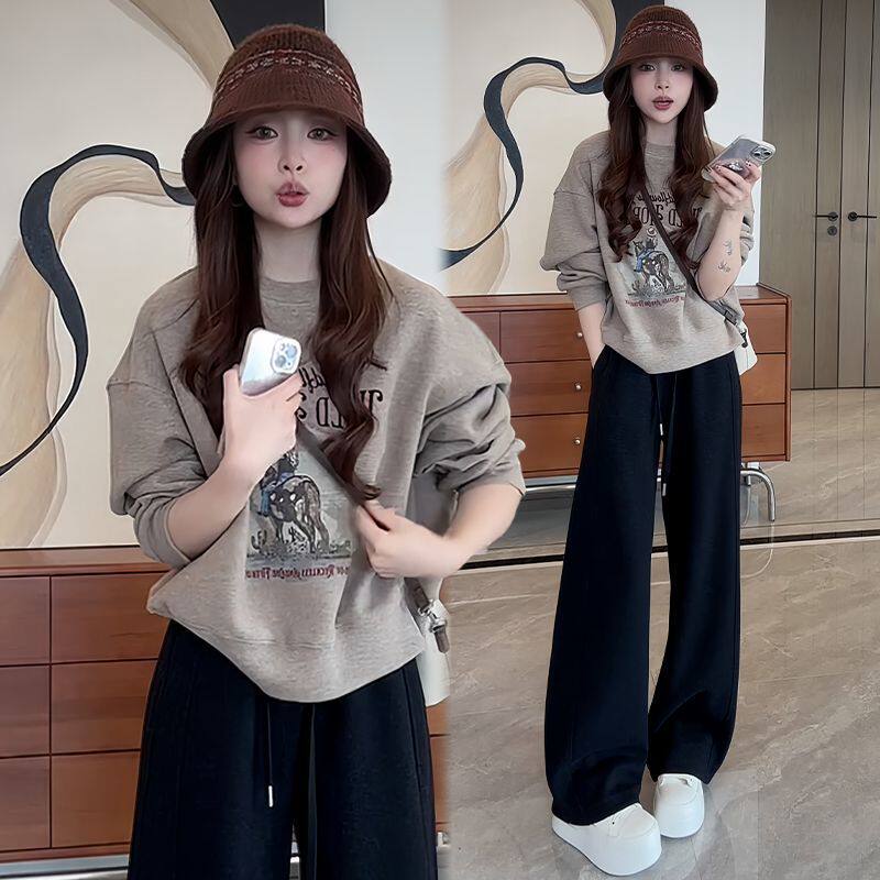 【單件/套裝】時髦印花圓領長袖+闊腿褲兩件套裝