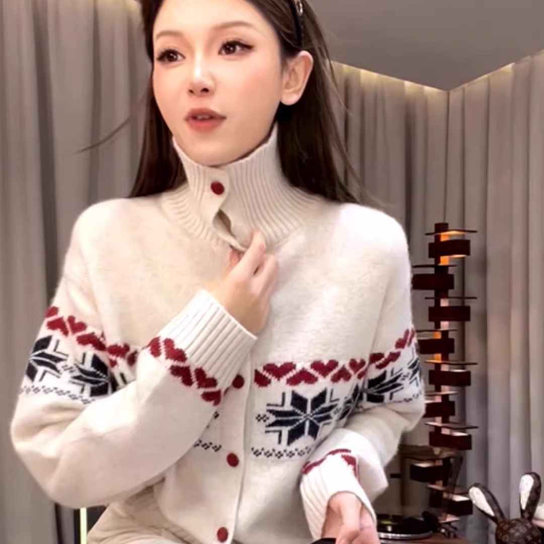 提花高領毛衣寬鬆顯瘦疊穿針織開衫