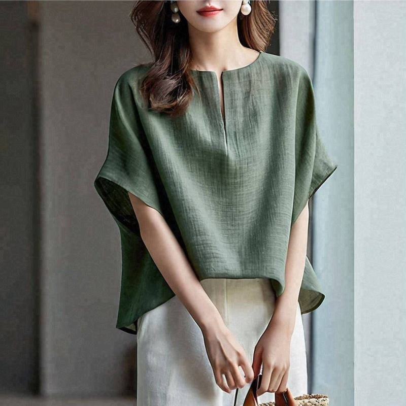 日系3色新款圓蝙蝠袖v領短袖-lululam