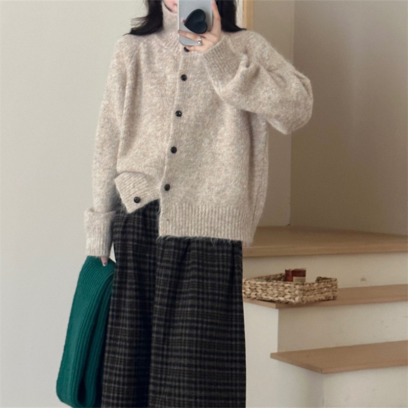 復古慵懶風花線高領寬鬆軟糯針織衫