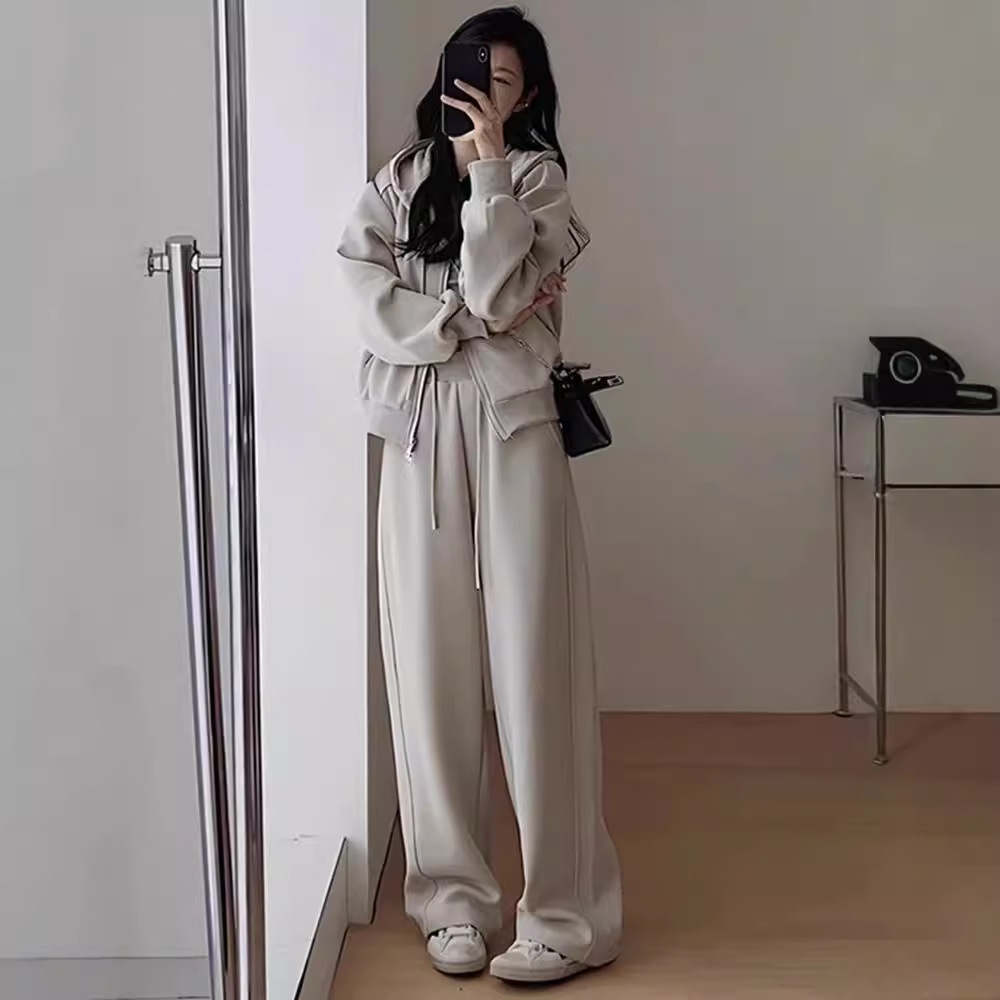【整套】連帽衛衣顯瘦減齡闊腿褲兩件套裝