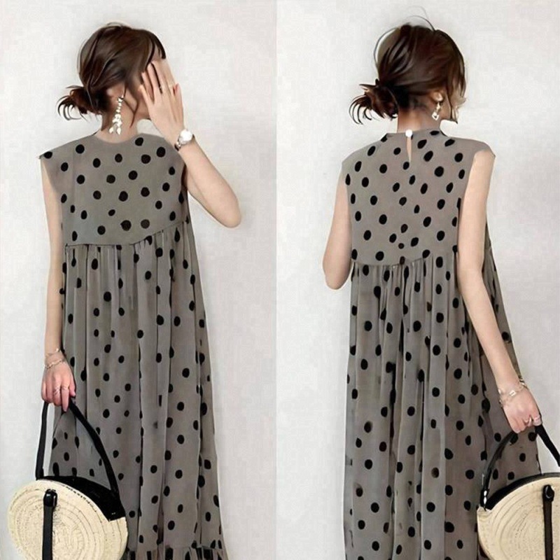 原創日系休閑圓領無袖波點帶里布A字洋裝-lululam