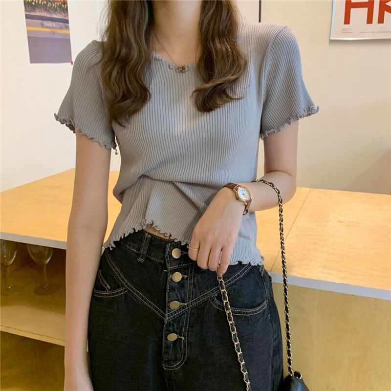 修身高腰短款時尚木耳邊素色短袖T恤-lululam