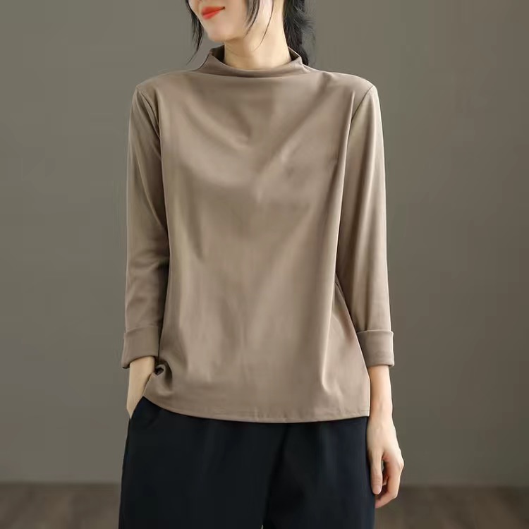 純棉半高領休閒寬鬆百搭文藝打底衫長袖T恤-lululam