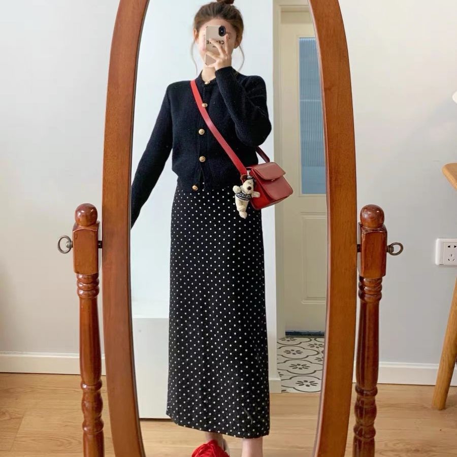 【單件/套裝】小香風黑色氣質針織開衫+波點半身裙兩件套