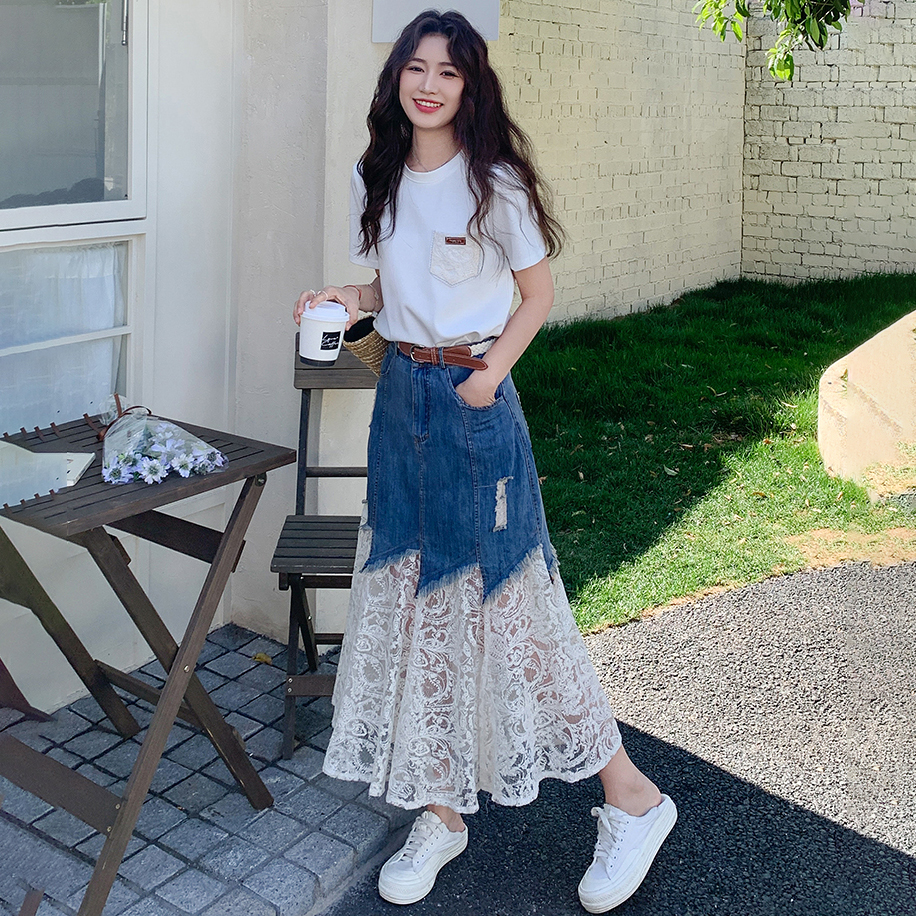 【單件/套裝】氣質流行短袖T恤+蕾絲拼接牛仔半身裙兩件套裝-lululam