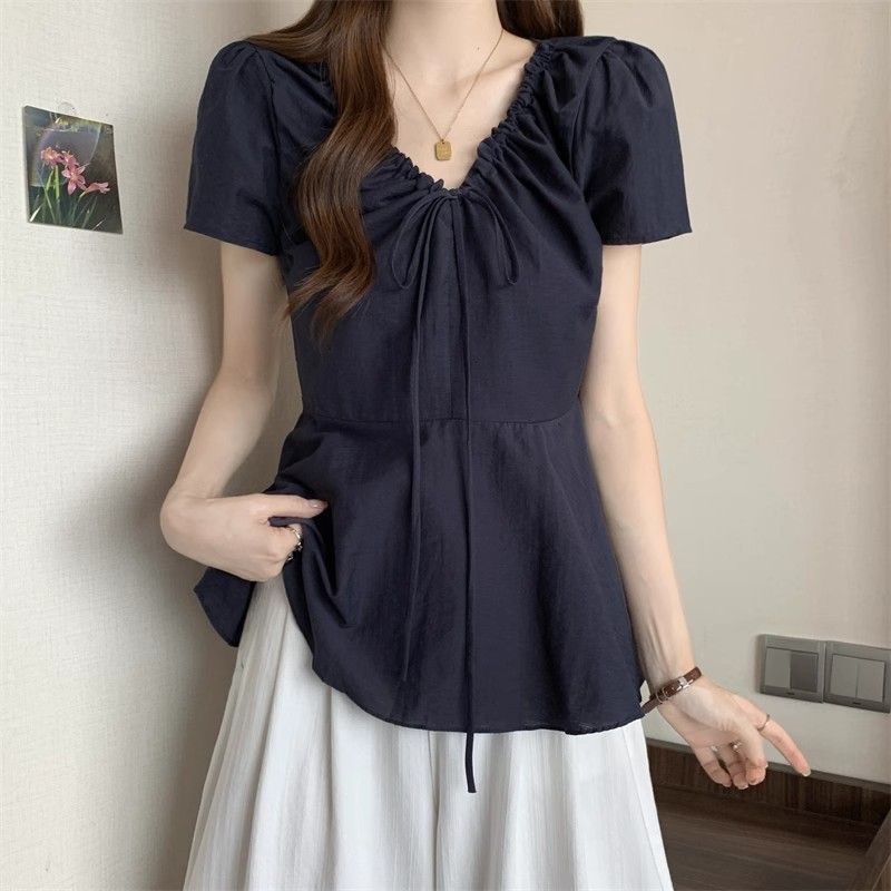 收腰顯瘦娃娃衫V領泡泡袖正肩短袖