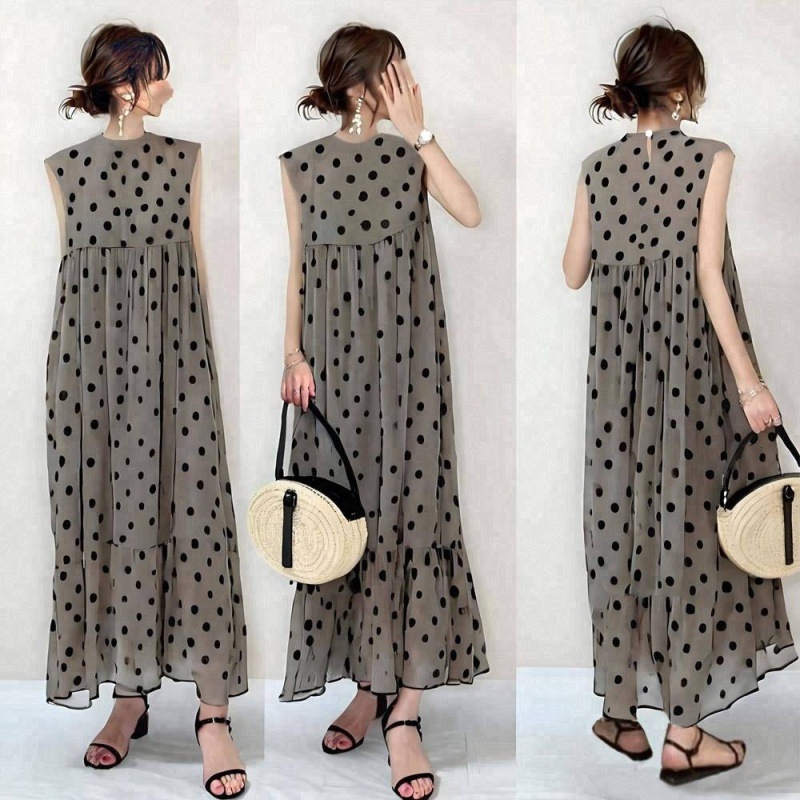 原創日系休閑圓領無袖波點帶里布A字洋裝-lululam