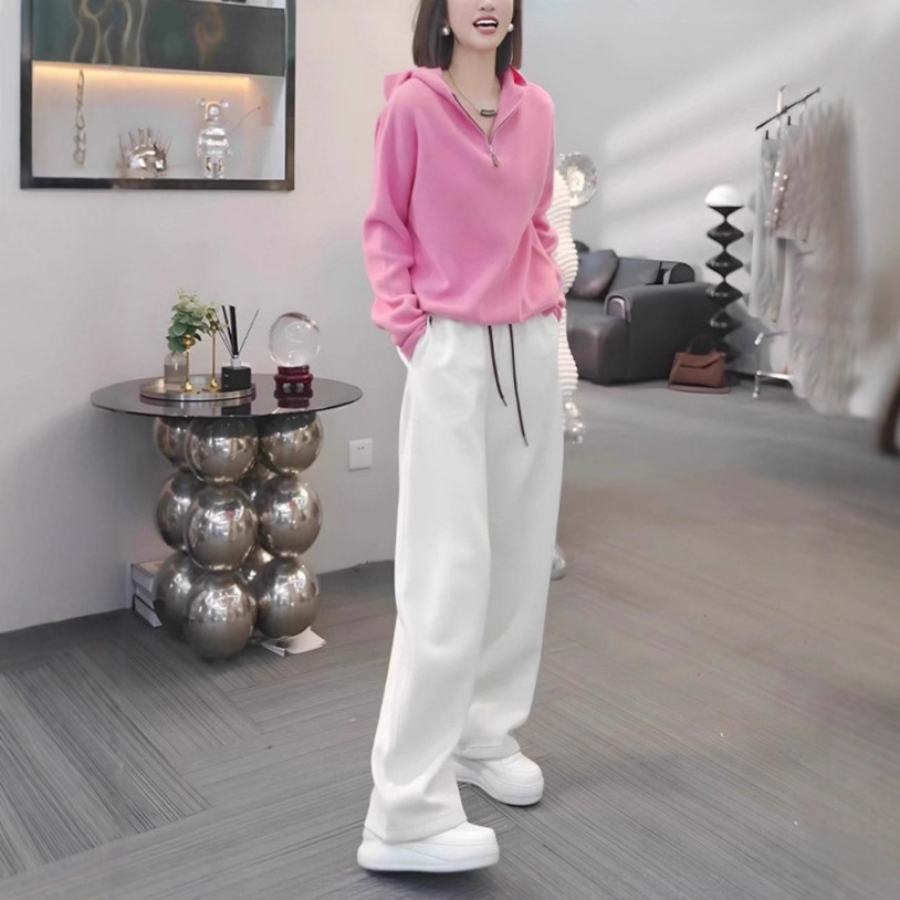 【整套】韓版寬鬆顯瘦粉色連帽長袖+休閒運動風簡約長褲兩件套