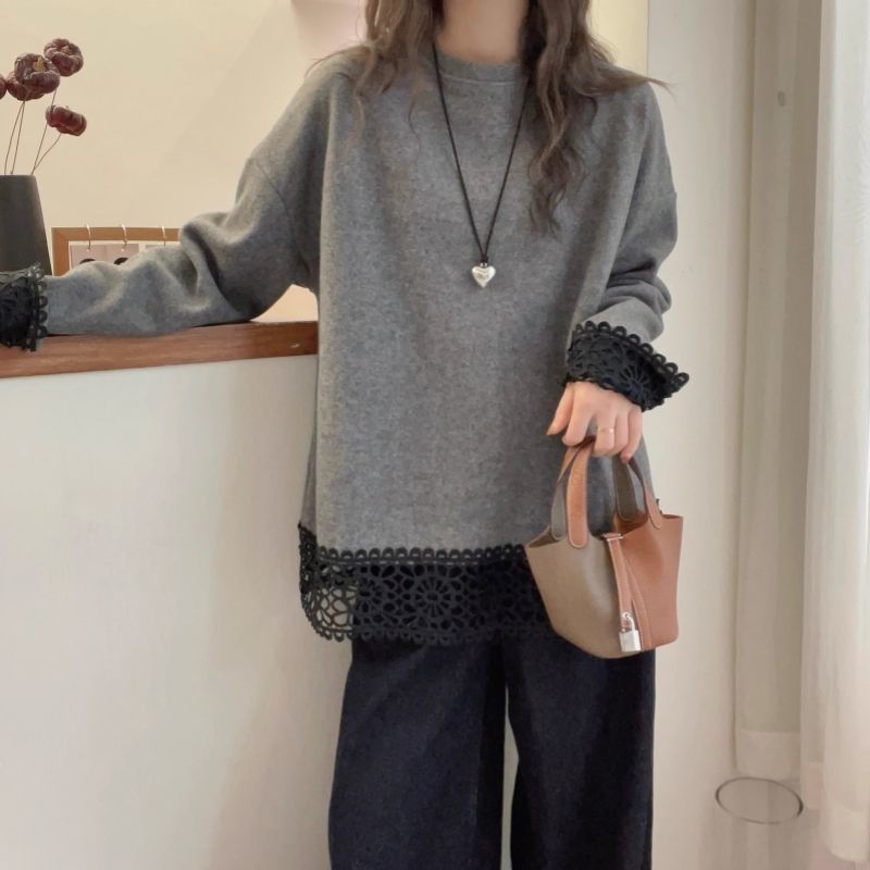 大碼雙面德絨蕾絲拼接寬鬆顯瘦長袖