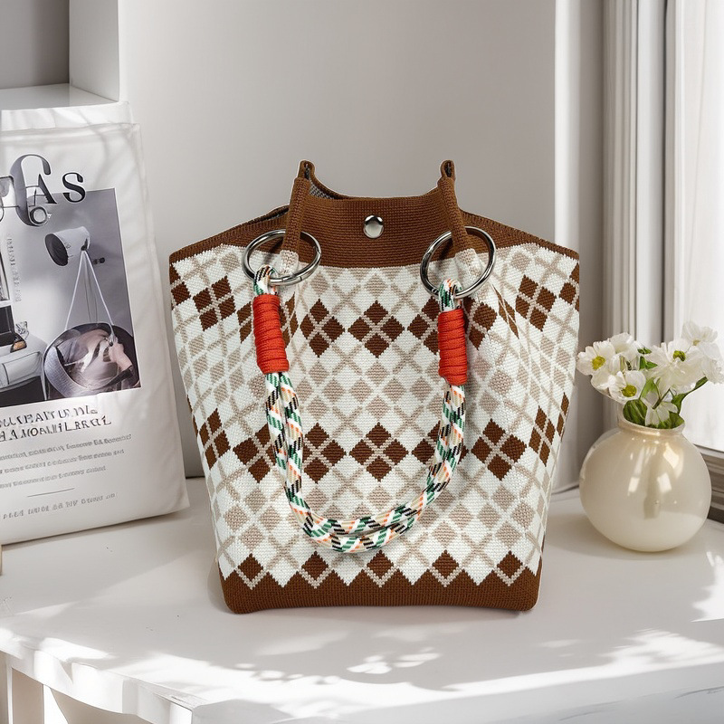 編織單肩包百搭休閒包針織托特包手提包-lululam