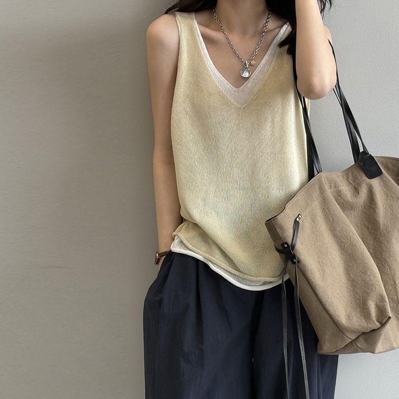 韓版撞色假兩件V領時尚吊帶背心