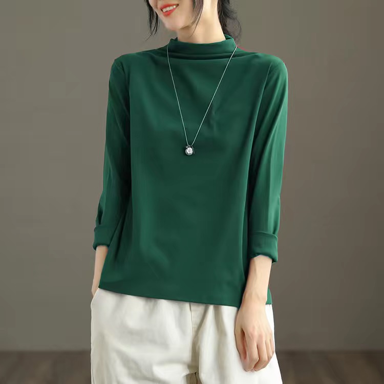 純棉半高領休閒寬鬆百搭文藝打底衫長袖T恤-lululam