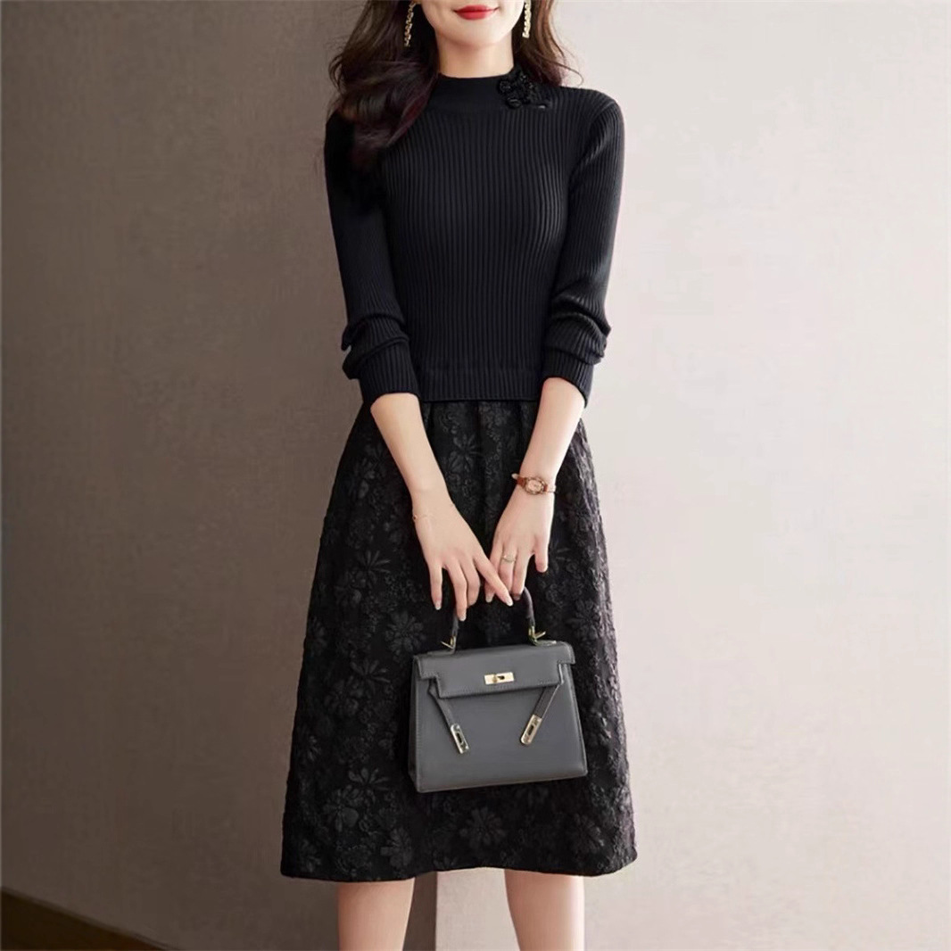 顯瘦過膝假兩件刺繡拼接針織洋裝