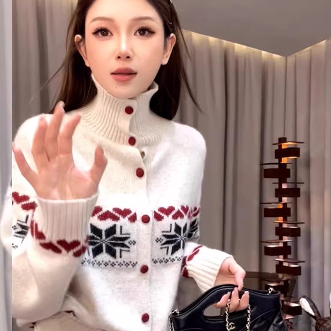 提花高領毛衣寬鬆顯瘦疊穿針織開衫