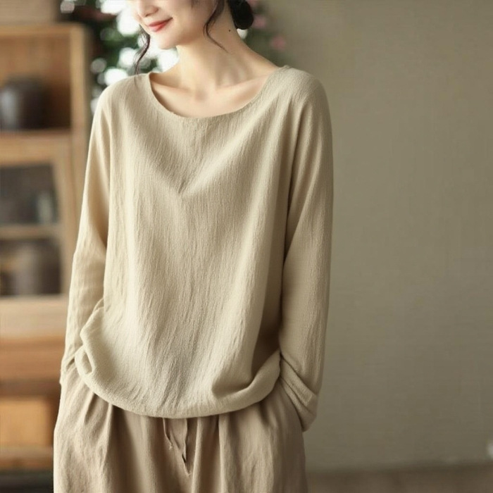 薄款內搭棉麻寬鬆休閒慵懶風長袖T恤-lululam