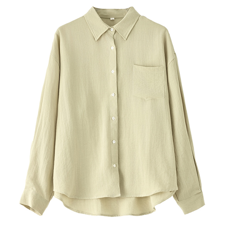亞麻長袖薄款素色寬鬆防曬衣襯衫
